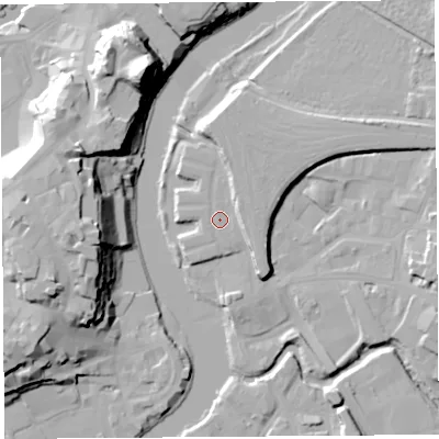 Shaded relief map of the ground around SY26GA, computed from Environment Agency LiDAR. The ground here sits at about 53 m above sea level and falls 33 m across the surrounding 800 m. Surface water reaching this point runs off ground lying to the north, 5.4 m higher.