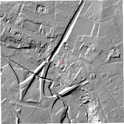 Shaded relief map of the ground around SY26GG, computed from Environment Agency LiDAR. The ground here sits at about 62 m above sea level and falls 22 m across the surrounding 800 m. Surface water reaching this point runs off ground lying to the east, 4.0 m higher.