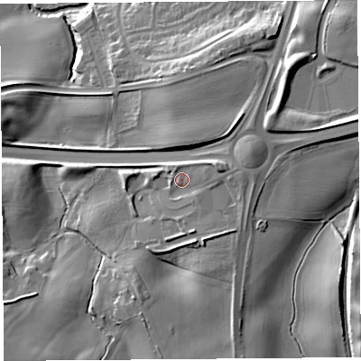 Shaded relief map of the ground around SY30DA, computed from Environment Agency LiDAR. The ground here sits at about 76 m above sea level and falls 24 m across the surrounding 800 m. Surface water reaching this point runs off ground lying to the east-north-east, 4.6 m higher.