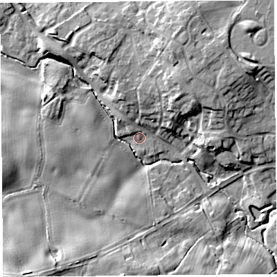 Shaded relief map of the ground around SY35BN, computed from Environment Agency LiDAR. The ground here sits at about 75 m above sea level and falls 14 m across the surrounding 800 m. Surface water reaching this point runs off ground lying to the north-west, 3.1 m higher.