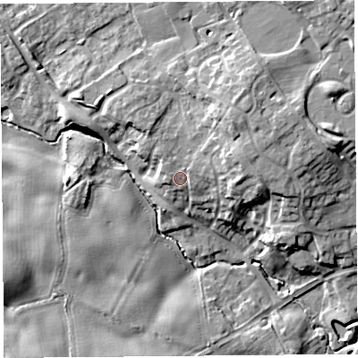 Shaded relief map of the ground around SY35BW, computed from Environment Agency LiDAR. The ground here sits at about 80 m above sea level and falls 15 m across the surrounding 800 m. Surface water reaching this point runs off ground lying to the north-east, 1.3 m higher.