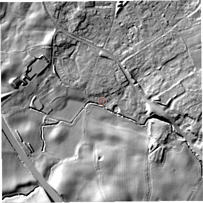 Shaded relief map of the ground around SY35EX, computed from Environment Agency LiDAR. The ground here sits at about 76 m above sea level and falls 11 m across the surrounding 800 m. Surface water reaching this point runs off ground lying to the south-south-west, 9.2 m higher.