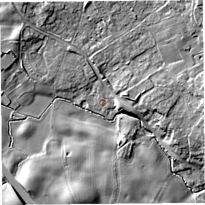 Shaded relief map of the ground around SY35HA, computed from Environment Agency LiDAR. The ground here sits at about 77 m above sea level and falls 13 m across the surrounding 800 m. Surface water reaching this point runs off ground lying to the east-north-east, 1.8 m higher.