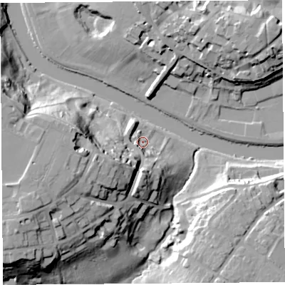 Shaded relief map of the ground around SY37AQ, computed from Environment Agency LiDAR. The ground here sits at about 54 m above sea level and falls 34 m across the surrounding 800 m. Surface water reaching this point runs off ground lying to the west-south-west, 26.7 m higher.
