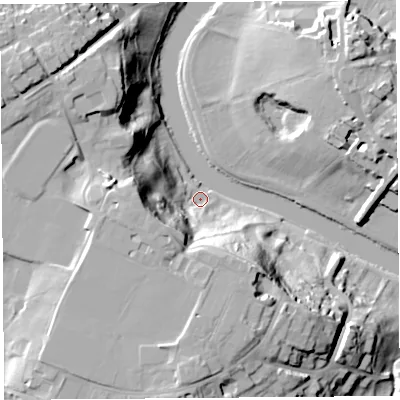 Shaded relief map of the ground around SY37BD, computed from Environment Agency LiDAR. The ground here sits at about 51 m above sea level and falls 34 m across the surrounding 800 m. Surface water reaching this point runs off ground lying to the south-west, 30.3 m higher.