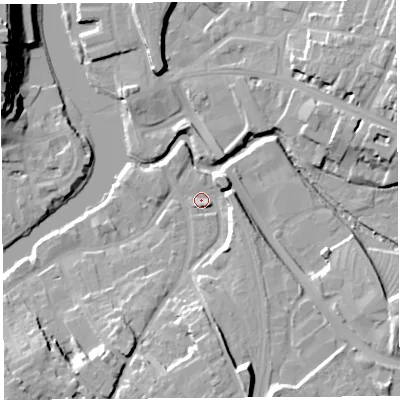 Shaded relief map of the ground around SY37BE, computed from Environment Agency LiDAR. The ground here sits at about 51 m above sea level and falls 24 m across the surrounding 800 m. Surface water reaching this point runs off ground lying to the south-south-east, 13.5 m higher.