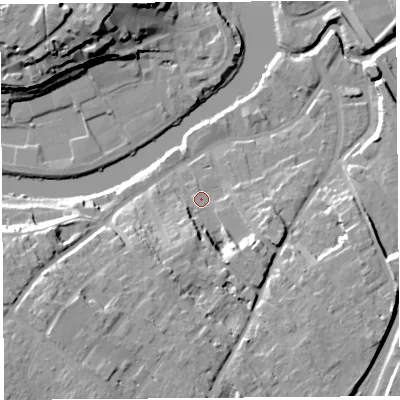 Shaded relief map of the ground around SY37BF, computed from Environment Agency LiDAR. The ground here sits at about 54 m above sea level and falls 23 m across the surrounding 800 m. Surface water reaching this point runs off ground lying to the south-south-west, 11.0 m higher.
