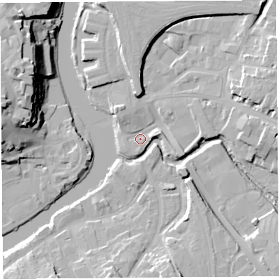Shaded relief map of the ground around SY37BJ, computed from Environment Agency LiDAR. The ground here sits at about 50 m above sea level and falls 25 m across the surrounding 800 m. Surface water reaching this point runs off ground lying to the east-north-east, 9.5 m higher.