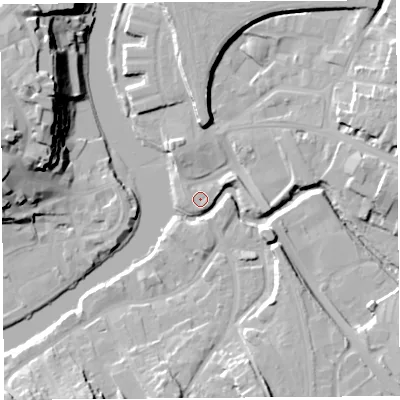 Shaded relief map of the ground around SY37BN, computed from Environment Agency LiDAR. The ground here sits at about 51 m above sea level and falls 25 m across the surrounding 800 m. Surface water reaching this point runs off ground lying to the south-south-east, 0.7 m higher.
