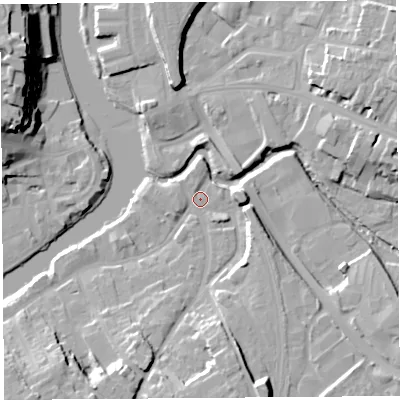 Shaded relief map of the ground around SY37BP, computed from Environment Agency LiDAR. The ground here sits at about 51 m above sea level and falls 25 m across the surrounding 800 m. Surface water reaching this point runs off ground lying to the south-south-east, 13.5 m higher.