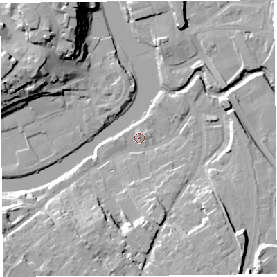 Shaded relief map of the ground around SY37BS, computed from Environment Agency LiDAR. The ground here sits at about 52 m above sea level and falls 25 m across the surrounding 800 m. Surface water reaching this point runs off ground lying to the south-west, 18.0 m higher.