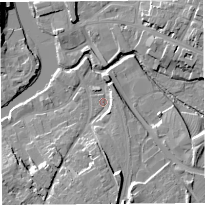 Shaded relief map of the ground around SY37BT, computed from Environment Agency LiDAR. The ground here sits at about 52 m above sea level and falls 17 m across the surrounding 800 m. Surface water reaching this point runs off ground lying to the south, 12.9 m higher.