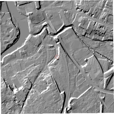 Shaded relief map of the ground around SY37BU, computed from Environment Agency LiDAR. The ground here sits at about 52 m above sea level and falls 17 m across the surrounding 800 m. Surface water reaching this point runs off ground lying to the south, 12.2 m higher.