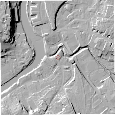 Shaded relief map of the ground around SY37BW, computed from Environment Agency LiDAR. The ground here sits at about 51 m above sea level and falls 25 m across the surrounding 800 m. Surface water reaching this point runs off ground lying to the south-west, 2.2 m higher.