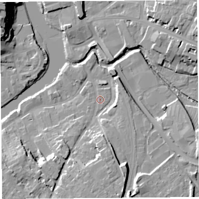 Shaded relief map of the ground around SY37BY, computed from Environment Agency LiDAR. The ground here sits at about 52 m above sea level and falls 24 m across the surrounding 800 m. Surface water reaching this point runs off ground lying to the south, 10.9 m higher.