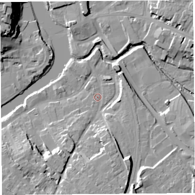 Shaded relief map of the ground around SY37BZ, computed from Environment Agency LiDAR. The ground here sits at about 52 m above sea level and falls 24 m across the surrounding 800 m. Surface water reaching this point runs off ground lying to the south-west, 13.7 m higher.
