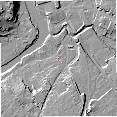 Shaded relief map of the ground around SY37DA, computed from Environment Agency LiDAR. The ground here sits at about 52 m above sea level and falls 24 m across the surrounding 800 m. Surface water reaching this point runs off ground lying to the south-east, 1.4 m higher.