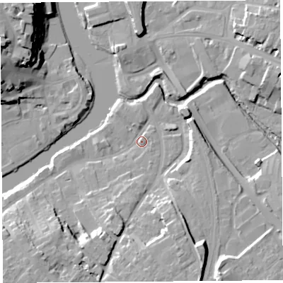 Shaded relief map of the ground around SY37DB, computed from Environment Agency LiDAR. The ground here sits at about 52 m above sea level and falls 25 m across the surrounding 800 m. Surface water reaching this point runs off ground lying to the south-south-east, 11.3 m higher.