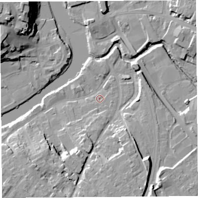 Shaded relief map of the ground around SY37DD, computed from Environment Agency LiDAR. The ground here sits at about 52 m above sea level and falls 24 m across the surrounding 800 m. Surface water reaching this point runs off ground lying to the south, 4.3 m higher.