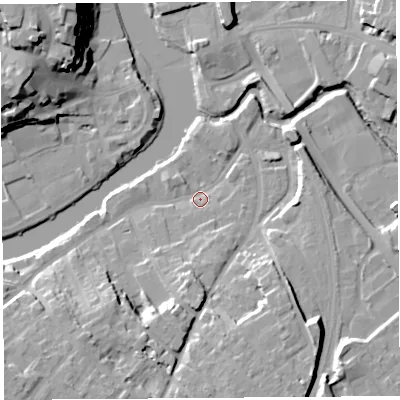Shaded relief map of the ground around SY37DE, computed from Environment Agency LiDAR. The ground here sits at about 52 m above sea level and falls 24 m across the surrounding 800 m. Surface water reaching this point runs off ground lying to the south-south-west, 15.0 m higher.