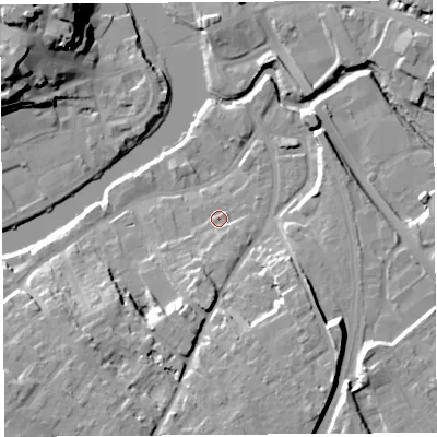 Shaded relief map of the ground around SY37DG, computed from Environment Agency LiDAR. The ground here sits at about 53 m above sea level and falls 24 m across the surrounding 800 m. Surface water reaching this point runs off ground lying to the south, 7.4 m higher.