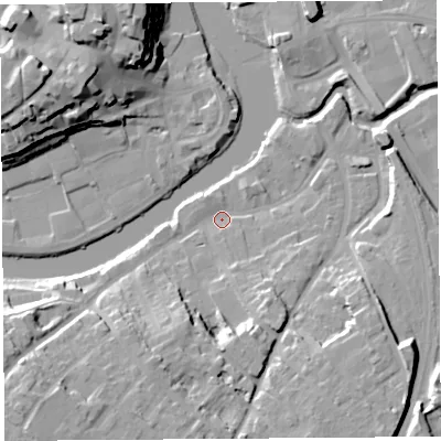 Shaded relief map of the ground around SY37DH, computed from Environment Agency LiDAR. The ground here sits at about 51 m above sea level and falls 24 m across the surrounding 800 m. Surface water reaching this point runs off ground lying to the south-west, 17.5 m higher.