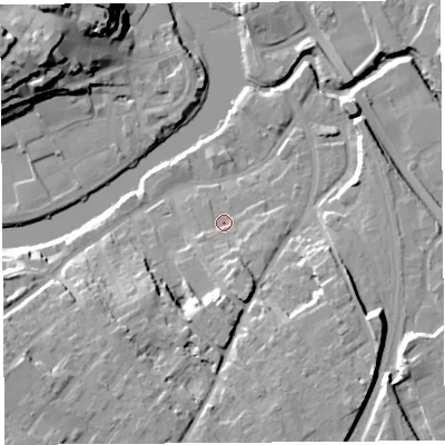 Shaded relief map of the ground around SY37DJ, computed from Environment Agency LiDAR. The ground here sits at about 53 m above sea level and falls 23 m across the surrounding 800 m. Surface water reaching this point runs off ground lying to the south, 6.8 m higher.
