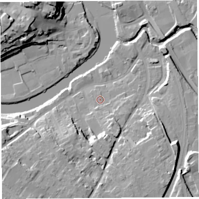 Shaded relief map of the ground around SY37DL, computed from Environment Agency LiDAR. The ground here sits at about 53 m above sea level and falls 24 m across the surrounding 800 m. Surface water reaching this point runs off ground lying to the south, 3.5 m higher.