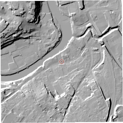 Shaded relief map of the ground around SY37DN, computed from Environment Agency LiDAR. The ground here sits at about 51 m above sea level and falls 24 m across the surrounding 800 m. Surface water reaching this point runs off ground lying to the south-west, 18.0 m higher.