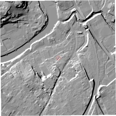 Shaded relief map of the ground around SY37DR, computed from Environment Agency LiDAR. The ground here sits at about 54 m above sea level and falls 20 m across the surrounding 800 m. Surface water reaching this point runs off ground lying to the south-south-west, 6.2 m higher.