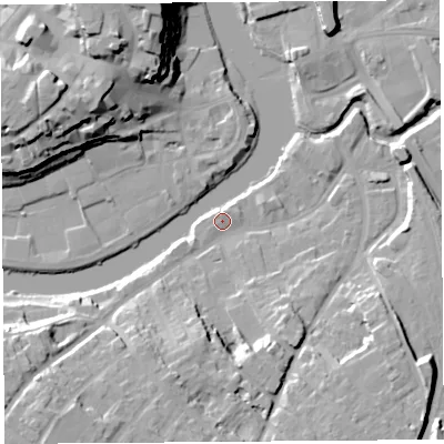 Shaded relief map of the ground around SY37DS, computed from Environment Agency LiDAR. The ground here sits at about 52 m above sea level and falls 24 m across the surrounding 800 m. Surface water reaching this point runs off ground lying to the south-west, 17.3 m higher.
