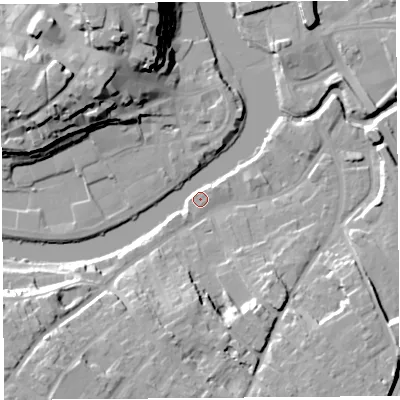 Shaded relief map of the ground around SY37DT, computed from Environment Agency LiDAR. The ground here sits at about 52 m above sea level and falls 24 m across the surrounding 800 m. Surface water reaching this point runs off ground lying to the south-west, 17.6 m higher.