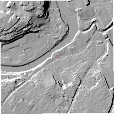 Shaded relief map of the ground around SY37DU, computed from Environment Agency LiDAR. The ground here sits at about 52 m above sea level and falls 24 m across the surrounding 800 m. Surface water reaching this point runs off ground lying to the south-west, 17.3 m higher.