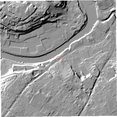 Shaded relief map of the ground around SY37DX, computed from Environment Agency LiDAR. The ground here sits at about 53 m above sea level and falls 23 m across the surrounding 800 m. Surface water reaching this point runs off ground lying to the south-west, 16.2 m higher.