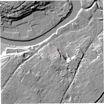 Shaded relief map of the ground around SY37EB, computed from Environment Agency LiDAR. The ground here sits at about 57 m above sea level and falls 22 m across the surrounding 800 m. Surface water reaching this point runs off ground lying to the south-west, 12.4 m higher.