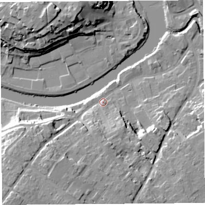 Shaded relief map of the ground around SY37EF, computed from Environment Agency LiDAR. The ground here sits at about 54 m above sea level and falls 23 m across the surrounding 800 m. Surface water reaching this point runs off ground lying to the south-west, 16.2 m higher.