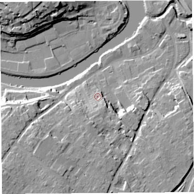 Shaded relief map of the ground around SY37EG, computed from Environment Agency LiDAR. The ground here sits at about 56 m above sea level and falls 23 m across the surrounding 800 m. Surface water reaching this point runs off ground lying to the south, 6.9 m higher.