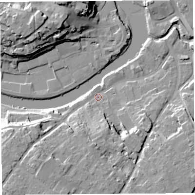 Shaded relief map of the ground around SY37EH, computed from Environment Agency LiDAR. The ground here sits at about 52 m above sea level and falls 24 m across the surrounding 800 m. Surface water reaching this point runs off ground lying to the south-west, 16.6 m higher.