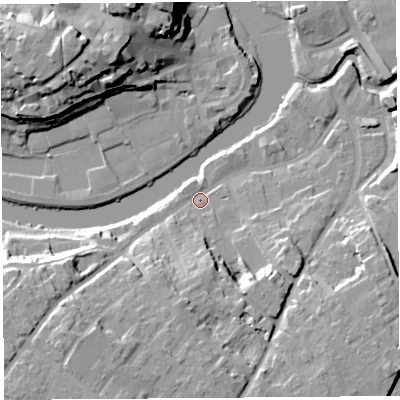 Shaded relief map of the ground around SY37EJ, computed from Environment Agency LiDAR. The ground here sits at about 52 m above sea level and falls 24 m across the surrounding 800 m. Surface water reaching this point runs off ground lying to the south-west, 16.7 m higher.
