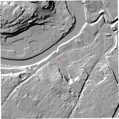 Shaded relief map of the ground around SY37EL, computed from Environment Agency LiDAR. The ground here sits at about 53 m above sea level and falls 23 m across the surrounding 800 m. Surface water reaching this point runs off ground lying to the south, 9.1 m higher.