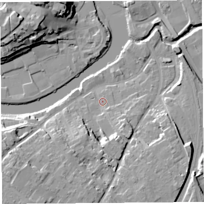 Shaded relief map of the ground around SY37EN, computed from Environment Agency LiDAR. The ground here sits at about 53 m above sea level and falls 24 m across the surrounding 800 m. Surface water reaching this point runs off ground lying to the south-south-west, 11.1 m higher.