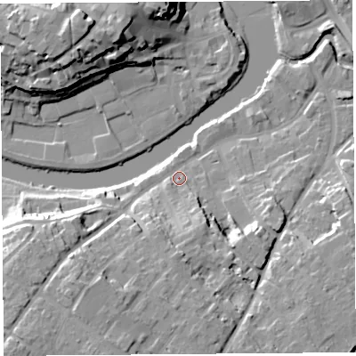 Shaded relief map of the ground around SY37EQ, computed from Environment Agency LiDAR. The ground here sits at about 53 m above sea level and falls 23 m across the surrounding 800 m. Surface water reaching this point runs off ground lying to the south-west, 16.5 m higher.