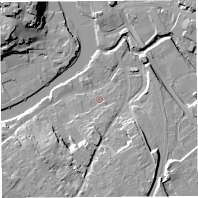 Shaded relief map of the ground around SY37ES, computed from Environment Agency LiDAR. The ground here sits at about 52 m above sea level and falls 24 m across the surrounding 800 m. Surface water reaching this point runs off ground lying to the south, 7.6 m higher.
