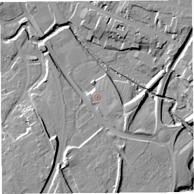 Shaded relief map of the ground around SY37ET, computed from Environment Agency LiDAR. The ground here sits at about 56 m above sea level and falls 16 m across the surrounding 800 m. Surface water reaching this point runs off ground lying to the south-south-east, 1.5 m higher.