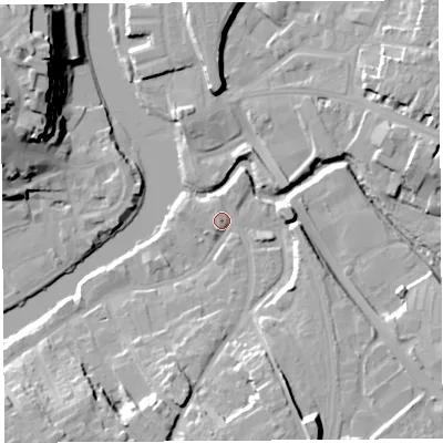 Shaded relief map of the ground around SY37EU, computed from Environment Agency LiDAR. The ground here sits at about 52 m above sea level and falls 25 m across the surrounding 800 m. Surface water reaching this point runs off ground lying to the south-west, 1.8 m higher.