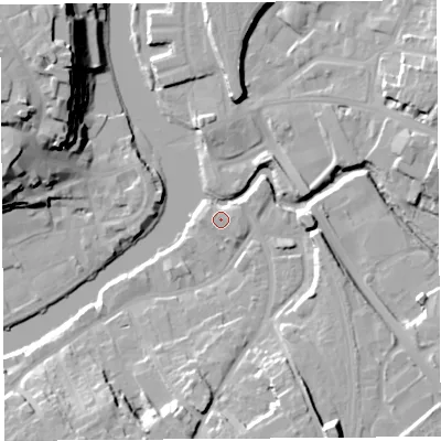 Shaded relief map of the ground around SY37EX, computed from Environment Agency LiDAR. The ground here sits at about 52 m above sea level and falls 25 m across the surrounding 800 m. Surface water reaching this point runs off ground lying to the south-south-east, 15.8 m higher.
