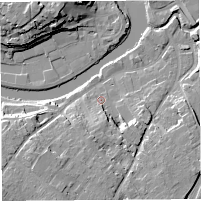 Shaded relief map of the ground around SY37FB, computed from Environment Agency LiDAR. The ground here sits at about 53 m above sea level and falls 23 m across the surrounding 800 m. Surface water reaching this point runs off ground lying to the south, 8.0 m higher.