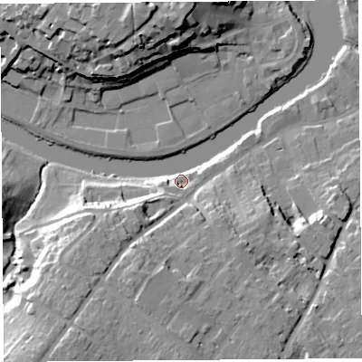 Shaded relief map of the ground around SY37JD, computed from Environment Agency LiDAR. The ground here sits at about 53 m above sea level and falls 23 m across the surrounding 800 m. Surface water reaching this point runs off ground lying to the south-west, 17.6 m higher.