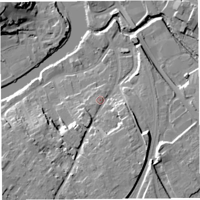 Shaded relief map of the ground around SY37LL, computed from Environment Agency LiDAR. The ground here sits at about 55 m above sea level and falls 20 m across the surrounding 800 m. Surface water reaching this point runs off ground lying to the south-west, 13.1 m higher.