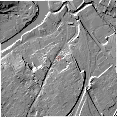 Shaded relief map of the ground around SY37LN, computed from Environment Agency LiDAR. The ground here sits at about 55 m above sea level and falls 20 m across the surrounding 800 m. Surface water reaching this point runs off ground lying to the south-west, 13.0 m higher.